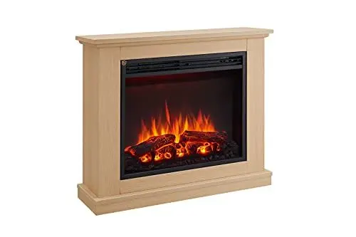 Produktbild: BALDERIA Phanos Elektrokamin - Elektrischer Standkamin mit Heizung 1000/2000 W, realistischer 3D-Flammeneffekt, Fernbedienung programmierbar, Timer, Thermostat - Hellbraun