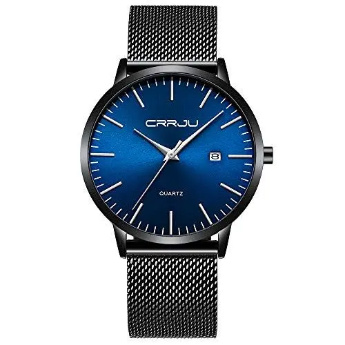 Produktbild: CRRJU Herren Uhr Ultra Dünne Wasserdicht Armbanduhr Herren Mode mit Schwarz Edelstahlband Mesh Analog Quarz Business Männer Uhren (Schwarz Blau Silber)