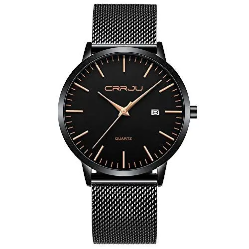 Produktbild: CRRJU Herren Uhr Ultra Dünne Wasserdicht Armbanduhr Herren Mode mit Schwarz Edelstahlband Mesh Analog Quarz Business Männer Uhren (Schwarz Rosegold schwarz)