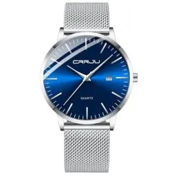 Produktbild: CRRJU Herren Uhr Ultra Dünne Wasserdicht Armbanduhr Herren Mode mit Schwarz Edelstahlband Mesh Analog Quarz Business Männer Uhren (Silber Blau)