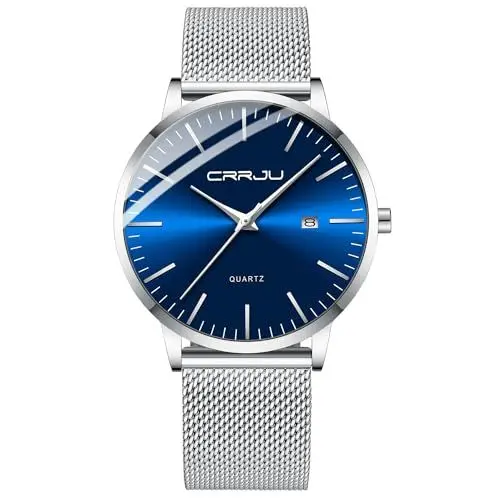 Produktbild: CRRJU Herren Uhr Ultra Dünne Wasserdicht Armbanduhr Herren Mode mit Schwarz Edelstahlband Mesh Analog Quarz Business Männer Uhren (Silber Blau)