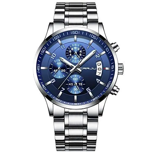 Produktbild: CRRJU Herren Uhr wasserdichte Chronographen Armbanduhr Männer Edelstahlarmband Business Analog Quarzuhr mit Kalender (A Blau)