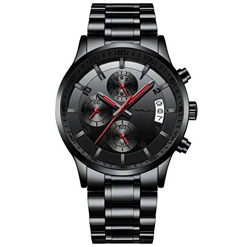Produktbild: CRRJU Herren Uhr wasserdichte Chronographen Armbanduhr Männer Edelstahlarmband Business Analog Quarzuhr mit Kalender (Schwarz Rot)