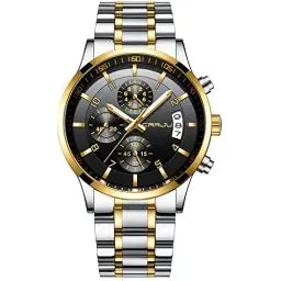 Produktbild: CRRJU Herren Uhr wasserdichte Chronographen Armbanduhr Männer Edelstahlarmband Business Analog Quarzuhr mit Kalender (Silber Gold schwarz)