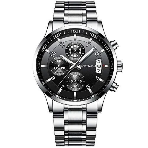 Produktbild: CRRJU Herren Uhr wasserdichte Chronographen Armbanduhr Männer Edelstahlarmband Business Analog Quarzuhr mit Kalender (Silber Schwarz)