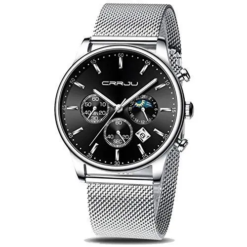 Produktbild: CRRJU Herren Uhren Chronograph Armbanduhr Männer Uhr Mann Sportuhren Wasserdicht mit Mesh-Armband Analog Quarzwerk (Silber schwarz Silber)