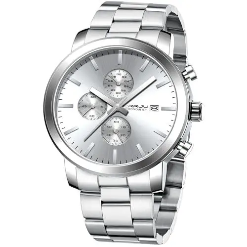 Produktbild: CRRJU Uhr Herren Chronographen Männer Uhren EdelstahlBand Mesh Wasserdicht Armbanduhr Business Schwarz Stoppuhr mit Datum Analog Quarzuhren (Silber weiß)