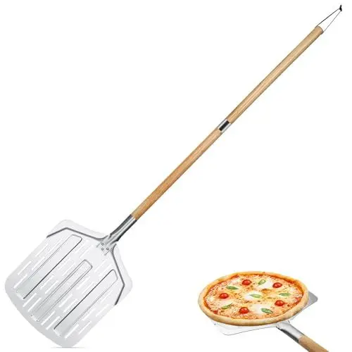 Produktbild: CRROEL Pizzaschieber Perforiert 12 Zoll,Pizzaschaufel aus Eloxiertes Aluminium mit abnehmbaren Holz Griff, Pizza Schaufel Pizzaheber für Pizzastein und Brotschaufel, 134 cm insgesamt