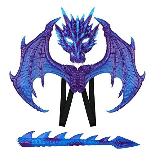 Produktbild: CRTEPST Drachen-Kostüm für Kinder Jungen Mädchen, Drachenflügel-Schwanz-Masken-Set, Halloween-Dinosaurier-Cosplay-Set für Kinder (Blau Lila)