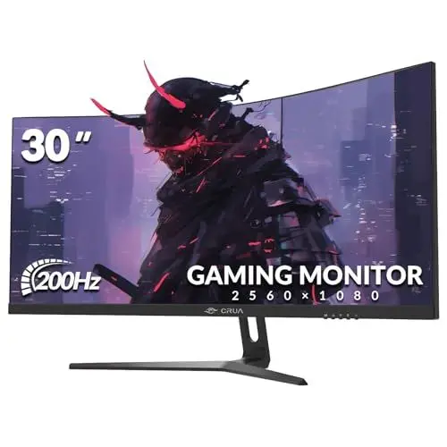 Produktbild: CRUA 30 Zoll Curved Ultrawide Gaming Monitor, WFHD(2560x1080P), 200Hz, 1ms, 1500R, VA, HDR 10, 2xHDMI (180Hz or 144Hz), DP (200Hz), AdaptiveSync, DCI-P3 90%, SRGB100%, VESA 75x75mm, Augenpflege