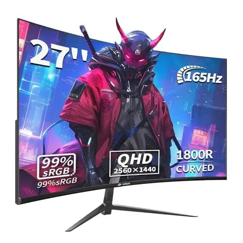 Produktbild: CRUA Gaming-Monitor 27 Zoll 2K 165Hz|144HZ Curved, QHD 1440P 1800R PC-Monitor, 1 ms GTG mit FreeSync, geringe Bewegungsunschärfe, Augenschutz, VESA, DisplayPort, HDMI, Low Blue Light,Schwarz