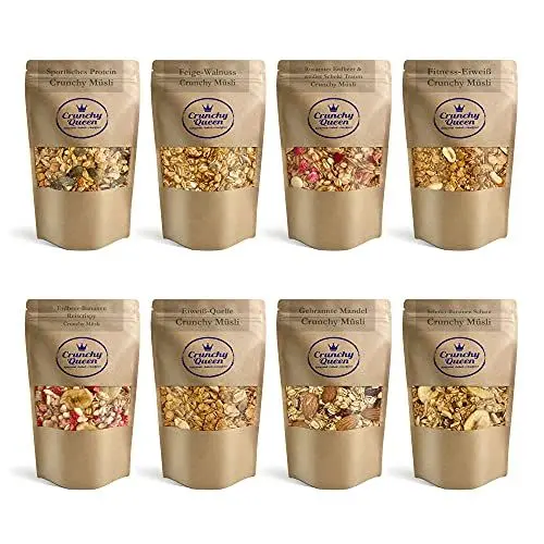 Produktbild: Crunchy Queen Granola Knuspermüsli Probierpaket 8x 80g | Handgemacht | Crunchy Topping für Smoothiebowl & Müsli | Müsli ohne Zucker | 100% natürlich | 640g