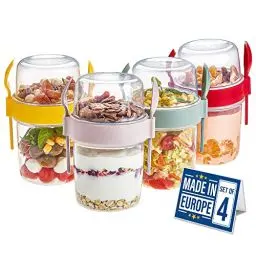 Produktbild: CRYSTALIA Premium Müslibecher to Go mit Löffel & Gabel 4er Set, Joghurtbecher to Go, Porridge, Obstbehälter, Salatbecher Yoghurt zum Frühstück, Cereal On the Go Muslidosen