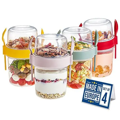Produktbild: CRYSTALIA Premium Müslibecher to Go mit Löffel & Gabel 4er Set, Joghurtbecher to Go, Porridge, Obstbehälter, Salatbecher Yoghurt zum Frühstück, Cereal On the Go Muslidosen