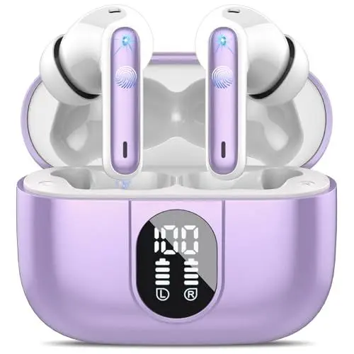 Produktbild: Csasan Bluetooth Kopfhörer, Kopfhörer Kabellos Bluetooth 5.3 Deep Bass mit 4 ENC Mic, 40Std Spielzeit Touch Control In Ear Kopfhörer mit LED-Anzeige, IP7 wasserdichte Ohrhörer für Arbeit Sport Lila