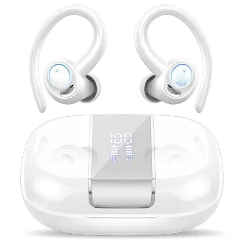 Produktbild: Csasan Bluetooth Kopfhörer Sport, Kopfhörer Kabellos Bluetooth 5.3 mit Ohrhaken, 48Std 3D Stereo In Ear Kopfhörer mit ENC Mic, LED-Anzeige, Touch Control, IP7 Wasserdicht Ohrhörer Helles Weiß(2024)