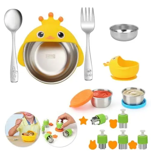 Produktbild: Csgood Kinder Geschirrsets, 10 teilig Kinderbesteck Set einbeziehen Gabel, Löffel, Salatdressing Behälter, Ausstechformen, Kinder Schalen(Entenküken)