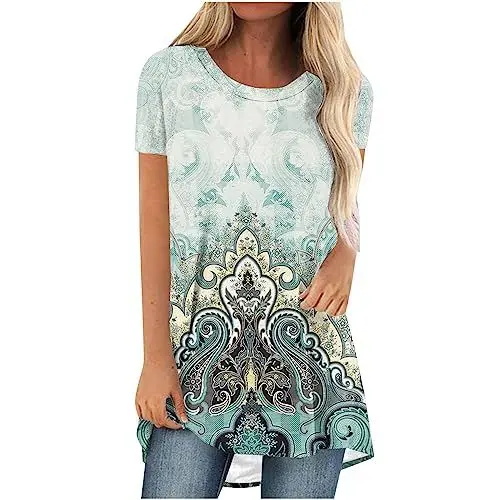 Produktbild: CSKJ Blusentops Damen - Tshirt Damen Marmor Druck Damen Bluse Kurzarm Rundhalsausschnitt Sportshirt Damen Übergröße Frau Oberteile Dünne Womens Tops Teenager Mädchen Kleidung, Grün, S