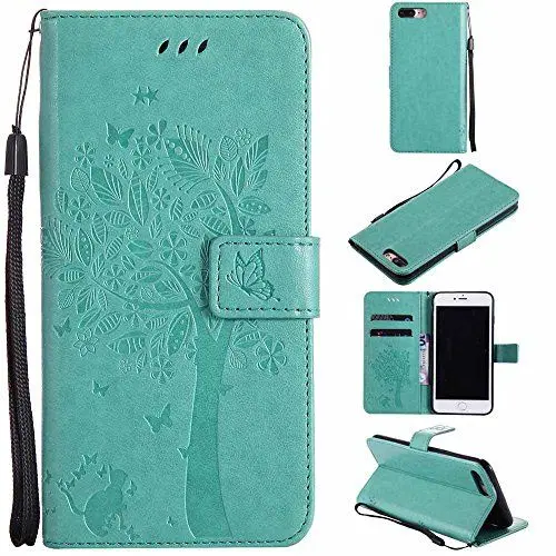 Produktbild: C-Super Mall-UK® Hülle für Apple iPhone, geprägtes Motiv: Baum, Katze, Schmetterling, PU-Leder, Geldbörse mit Stand und Klappverschluss, Kunstleder, mintgrün, iPhone 7 Plus