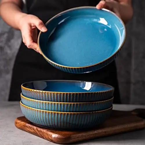 Produktbild: CSYY 4 Teiliges Pastateller aus Keramik, 21cm Tief Pasta Teller Set Pastaschüsseln Groß Suppenteller Tiefe Salatteller Mikrowelle & Spülmaschinenfest Blau