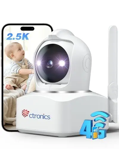 Produktbild: ctronics 4MP 3G/4G LTE Überwachungskamera Innen mit SIM Karte, 360° PTZ IP Kamera Indoor, Bewegungs-/Menschenerkennung, Auto-Tracking, Farbnachtsicht, 2-Wege-Audio, Cloud, PC/Smartphone, Steckbar