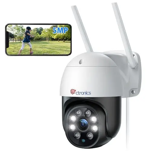 Produktbild: Ctronics 5MP Überwachungskamera Aussen WLAN, 2,4/5GHz Dualband WiFi PTZ IP Kamera Outdoor mit Personenerkennung, Automatische Verfolgung, Farbnachtsicht 20M, 355°/90° Drehwinkel, IP66, TF/Cloud (1)