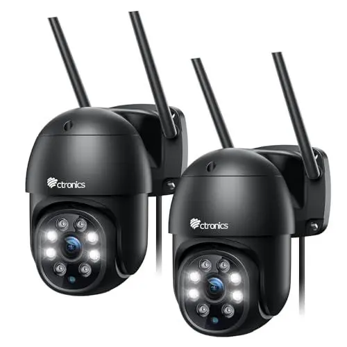 Produktbild: ctronics PTZ Überwachungskamera Aussen WLAN, 1080P Kabellose WiFi IP Kamera Outdoor mit Automatische Verfolgung, Personenerkennung, Nachtsicht in Farbe, 2-Wege Audio, IP66 Wasserdicht, Schwarz (2 St)