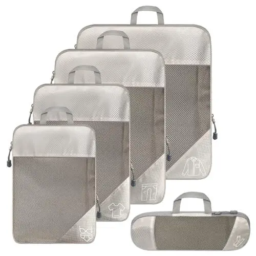Produktbild: Ctrunit Kompressions-Verpackungswürfel, 5er-Set, Packwürfel für Koffer, ausziehbar, langlebig, Organizer, Packtaschen für Reisen oder zur Aufbewahrung zu Hause (Offwhite)