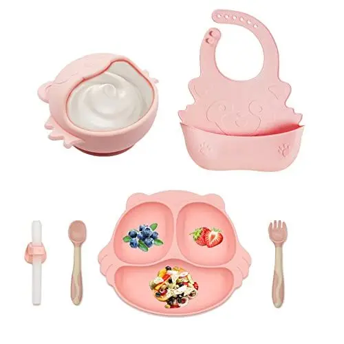 Produktbild: CUAIBB Kindergeschirr Set Silikon Rutschfest 6 Stücke Baby Teller Geschirr Set Kinderteller mit Saugnapf Schüssel mit Lätzchen Löffel Gabel BPA-frei Geschirr für Kleinkinder - Rosa