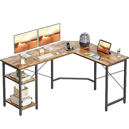 Produktbild: CubiCubi L-förmiger Schreibtisch mit Regalen, 150x120 cm, Eckschreibtisch, L-förmiger Gaming-Schreibtisch, Homeoffice-Schreibtisch, Braun
