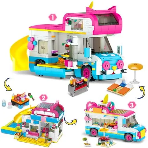 Produktbild: CUBIMANA 3-in-1 Wohnmobil Bausteine Spielzeug, Campingbus Wohnwagen Konstruktionsspielzeug mit Rutsche und Aufklebern, Geschenke für Kinder Mädchen und Jungen ab 6 7 8 9 10 11 12+ Jahre (494PCS)