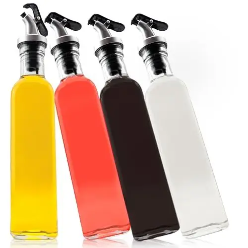 Produktbild: Cucino Essig und Ölflaschen mit Ausgießer - Set mit Trichter und Etiketten im 4er Pack - Ölflasche zum Befüllen mit Olivenöl, perfektes Dosieren 4x250ml