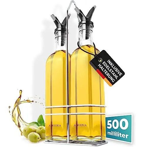 Produktbild: Cucino Essig und Ölflaschen Set mit praktischer Halterung - Ölflaschen zum Befüllen mit Essig und Olivenöl, Ölflasche aus Glas mit praktischem Doppel-Ausgießer | 2x 500ml