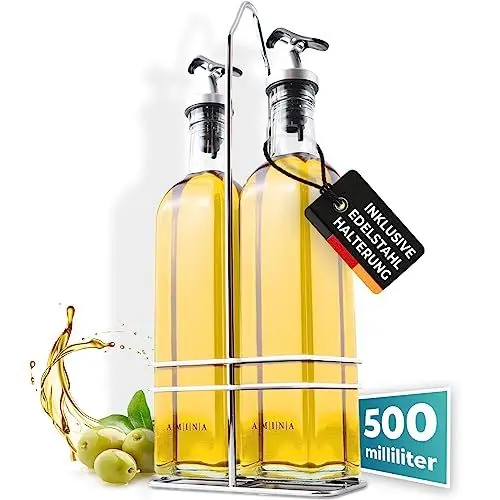 Produktbild: Cucino Essig und Ölflaschen Set mit praktichem Gestell - zu Befüllen mit Olivenöl und vielem mehr, Öl- und Essigspender aus Glas mit tropffreiem Ausgießer - 2x 500ml