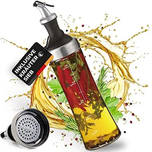 Produktbild: Cucino Ölflasche mit Kräutersieb für selbstgemachte Aroma-Öle - praktische Ölflasche mit Ausgießer für tropffreies dosieren, echte Glasflasche für Öl | 570ml