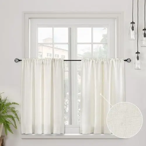 Produktbild: CUCRAF Leinen Scheibengardine Bistrogardine Küchengardinen 2er Set H 45 x B 90 Hellbeige Halb Transparent Stores Gardinen Fenster Gardinen Gardinenschal