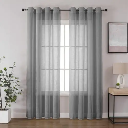 Produktbild: CUCRAF Leinenoptik Grau Voile Vorhänge mit Ösen Halbtransparent Gardine für Schlafzimmer Wohnzimmer H260 x B140cm 2er Set