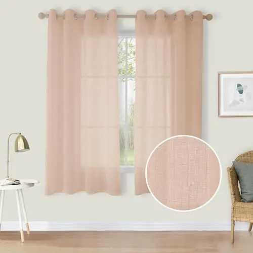 Produktbild: CUCRAF Leinenoptik Voile Vorhänge mit Ösen Halbtransparent Gardine für Schlafzimmer Wohnzimmer H160 x B140cm 2er Set,Baby Rosa