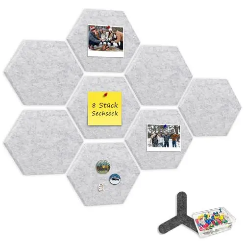 Produktbild: CUHIOY 8 Stück sechseckige Pinnwand Kinderzimmer, 12mm Dicke Filz-Pinnwand selbstklebend mit 80 Pins, Moderne dekorative Filzwand für Fotos und Anstecker Pin in Zuhause, Büro,weiß grau, 190x220mm