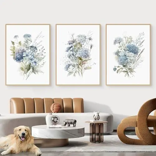 Produktbild: CULASIGN 3er Set Blumen Poster, Blau Blumen Leinwandbilder, Ohne Rahmen Wandbilder, Modern Boho Bilder Wanddeko (50x70cm)