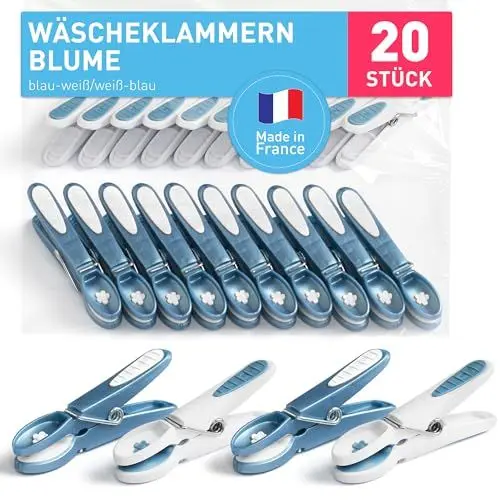 Produktbild: culiclean Wäscheklammern ohne Abdruck stabil in Blume Design 20x Wäscheklammer blau weiß, robuste Kluppen Soft Grip Clip Clothes Pegs UV beständig Klammern zum Aufhängen von Wäsche, Socken