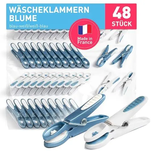 Produktbild: culiclean Wäscheklammern ohne Abdruck stabil in Blume Design 48x Wäscheklammer blau weiß, robuste Kluppen Soft Grip Clip Clothes Pegs UV beständig Klammern zum Aufhängen von Wäsche, Socken