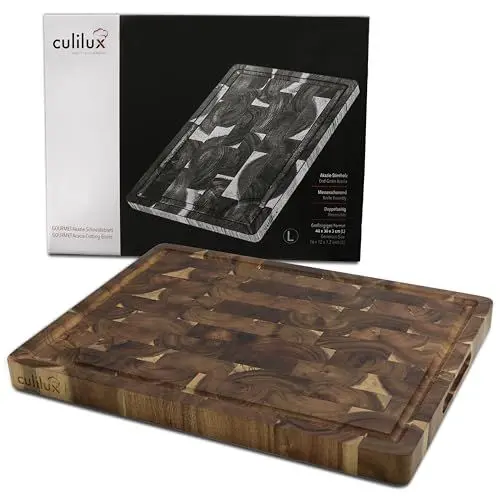 Produktbild: CULILUX® Gourmet Schneidebrett L Stirnholz Akazie 2-seitig 40 x 30 x 3 cm mit Saftrille antiseptisches Hirnholz Holzbrett als Schneidbrett und zum Servieren