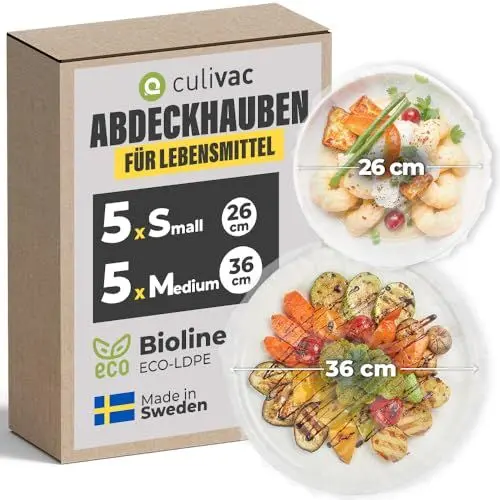 Produktbild: culivac Abdeckhauben für Lebensmittel aus Bioline ECO-LDPE Gummizug aus Naturkautschuk Frischhaltefolie für Schüsseln Essen Kuchen Fliegenhaube Made in Sweden BPA frei rund 10 Stk = 5x26cm+5x36cm