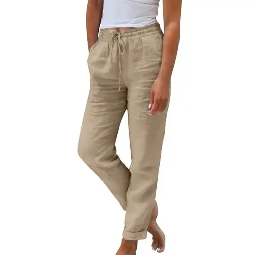 Produktbild: Culotte Damen 7/8,Leinenhose Damen Sommer Hose Casual Leinen Leicht Leinenhose Freizeithose Elastisch Hohe Taille Einfarbig Weites Bein Lockere Knopfleiste Schlupfhose