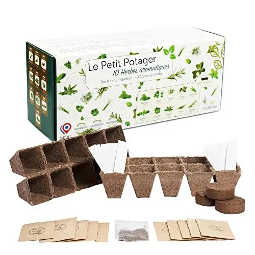 Produktbild: CULTIVEA® Das kleine Küchengarten-Set - 10er-Set Kräutersamen - Aussaatgefäße - Samen 100% biologisch - Gärtnern und genießen - Geschenkidee (Basilikum, Thymian, Dill, Koriander, Minze, Salbei, etc.)