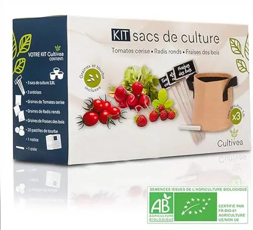 Produktbild: Cultivea® –Bio Obst und Gemüse Anzuchtset -100% Öko Samen – Indoor Garten mit 3 Kulturbeuteln – Samen aus Frankreich – Das perfekte Geschenkset – Pflanzset (Tomaten, Walderdbeere, Radieschen) – DIY