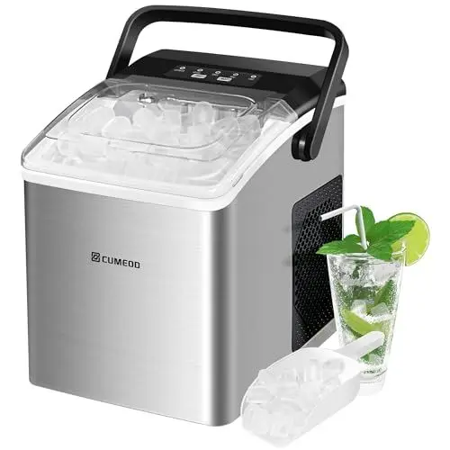 Produktbild: CUMEOD Eiswürfelmaschine, 9 Würfel in 6 Minuten, 12KG/24h, 125W Eiswürfelmaschine Edelstahl mit Tragbarem Griff, Selbstreinigender, 2 Eiswürfel Größen Ice Maker für Küche, Büro, Bar und Party