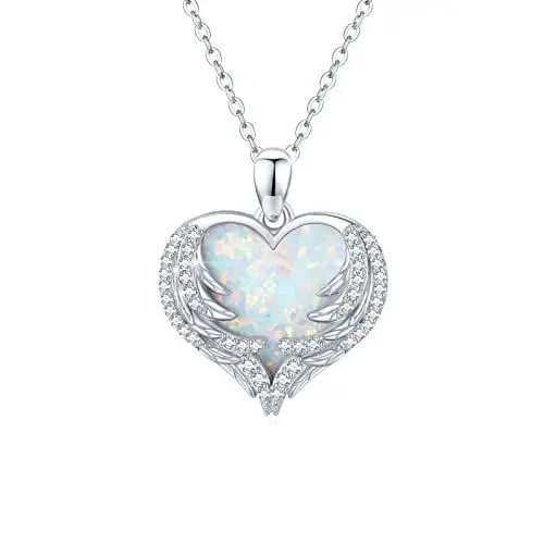 Produktbild: CUOKA MIRACLE Engelsflügel Herz Kette 925 Sterling Silber Schutzengel Flügel Anhänger Regenbogen Opal Halskette Opal Liebe Schmuck Geschenke für Damen Mädchen Mutter Tochter Freundin