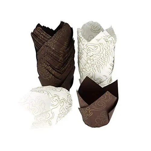 Produktbild: Cupcake Backbecher 100 Stück Tulpen Muffinförmchen Papier Mini Antihaftbeschichtet Tulip Muffinform Formen Einweg-Backbecher Muffin Wrappers Muffins Backpapier, Braun und Weiß
